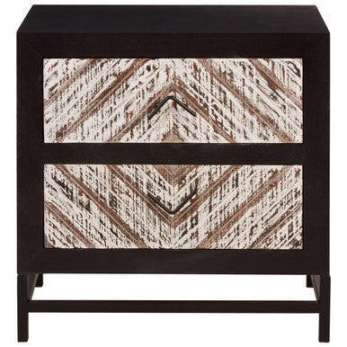 Black Wooden 2-Drawer Bedside Table with Chevron Pattern Drawer Fronts and Metal Handles, Lombok