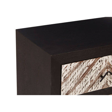 Black Wooden 2-Drawer Bedside Table with Chevron Pattern Drawer Fronts and Metal Handles, Lombok