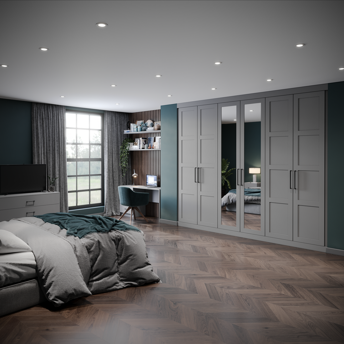 Dust-grey fitted wardrobes with mirrored doors in a bedroom