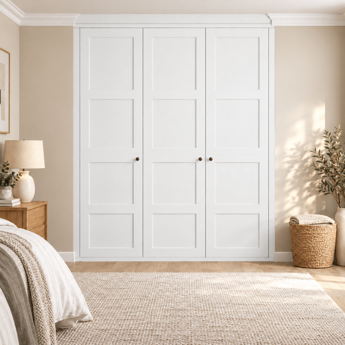 3 Door 4 Panel Shaker Front Frame Fitted Wardrobe in matt White, premium UK bedroom