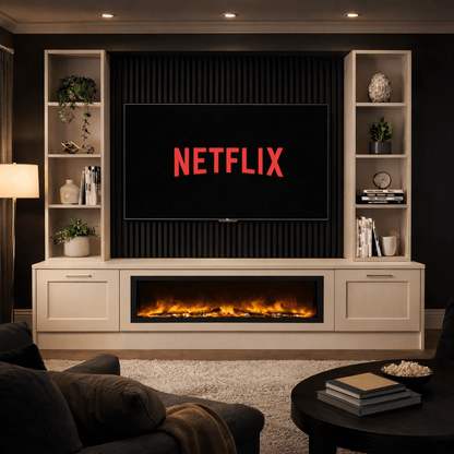40" Fireplace Media Wall Entertainment with Shaker Door Base & Double Shelving Unit - For Up to 110" TVs 1 - Online Bedrooms