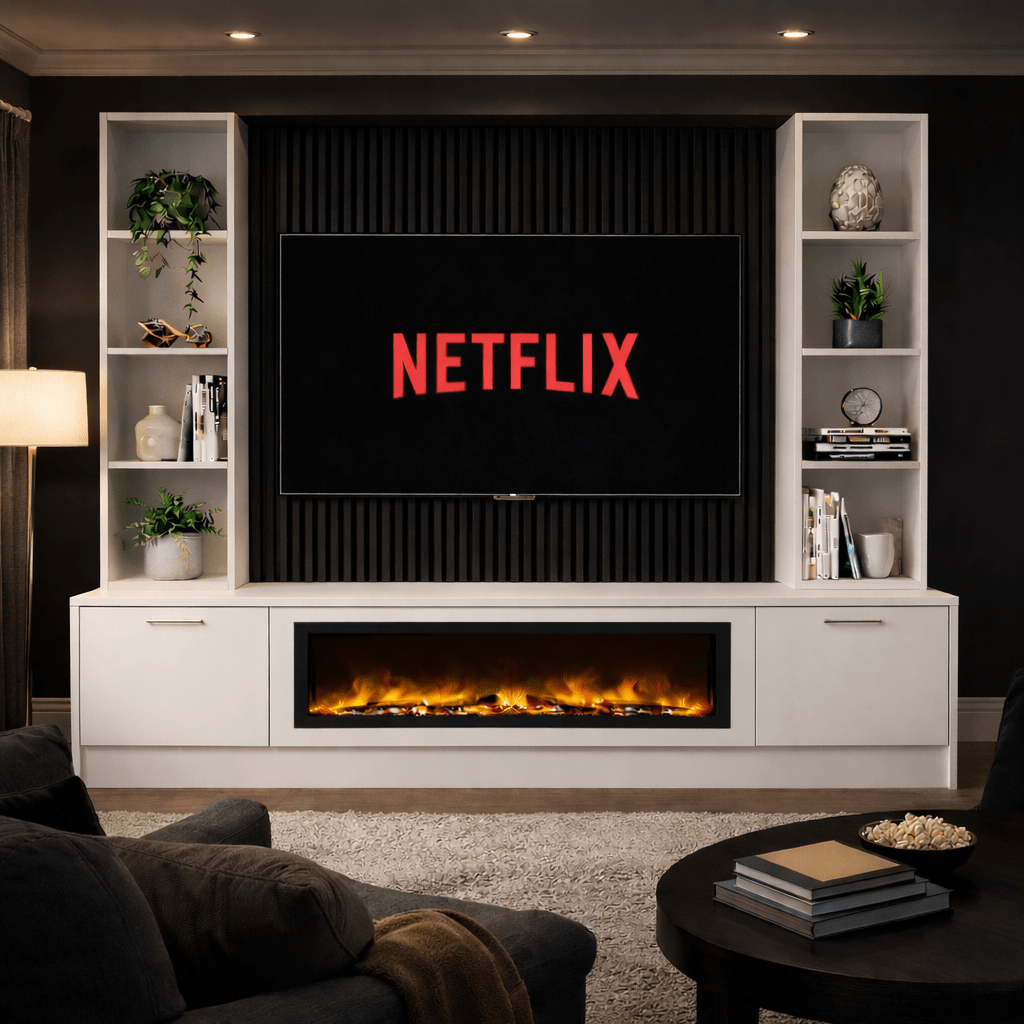40" Fireplace Media Wall Entertainment with Smooth Door Base & Double Shelving Unit - For Up to 110" TVs 1 - Online Bedrooms