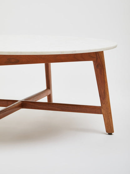 Myan Natural Acacia Wood and White Marble Round Coffee Table
