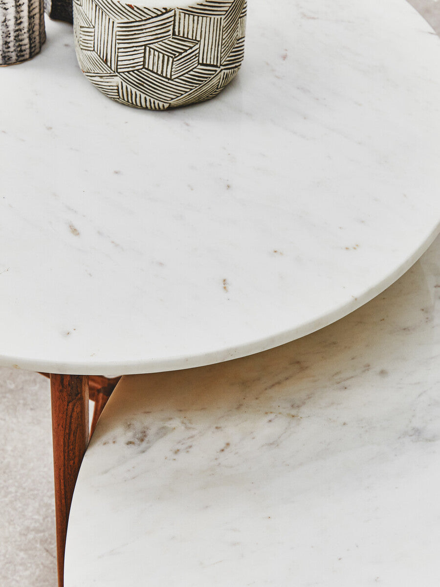 Myan Natural Acacia Wood and White Marble Round Coffee Table