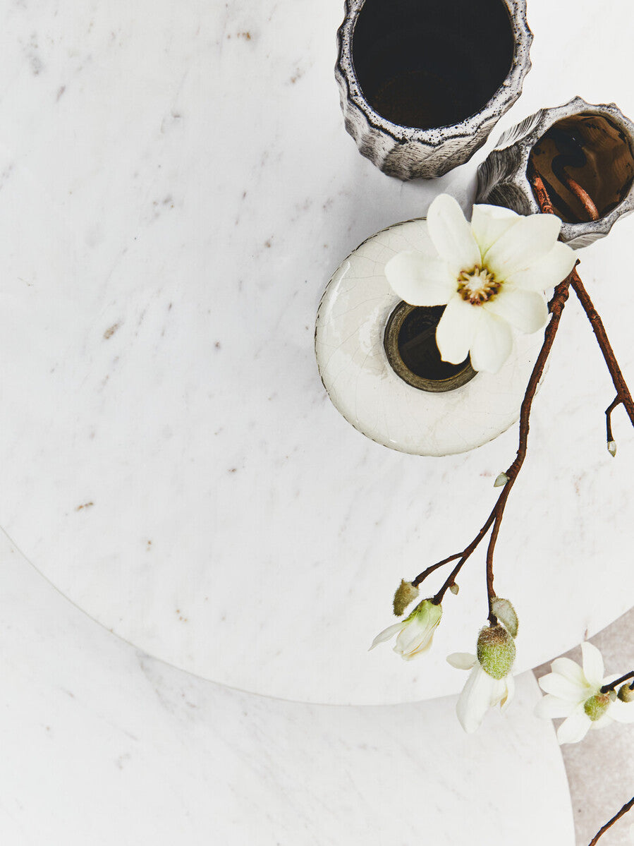 Myan Natural Acacia Wood and White Marble Round Coffee Table