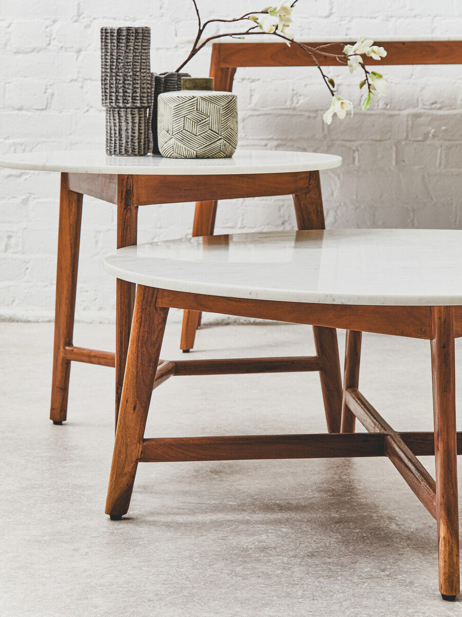 Myan Natural Acacia Wood and White Marble Round Coffee Table