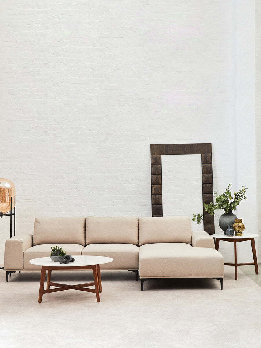 Myan Natural Acacia Wood and White Marble Round Coffee Table