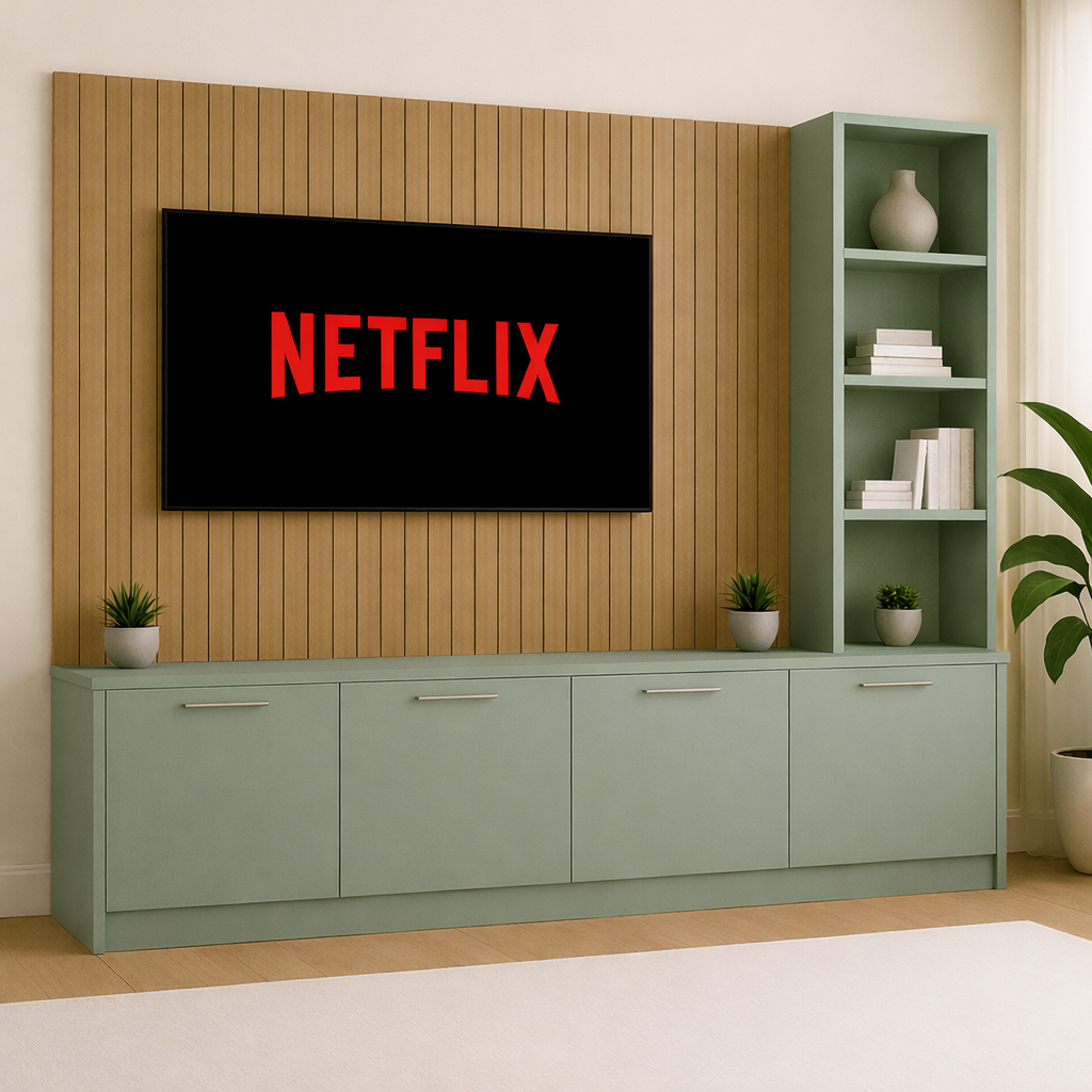 Media Wall Entertainment Smooth Base Unit - Right Hand Shelving - For Up to 130" TVs