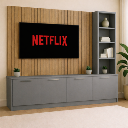 Media Wall Entertainment Smooth Base Unit - Right Hand Shelving - For Up to 130" TVs