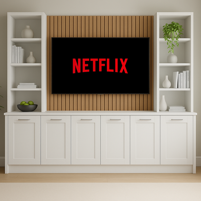 Tall Media Wall Entertainment Base & Double Shelving Unit - For Up to 100" TVs