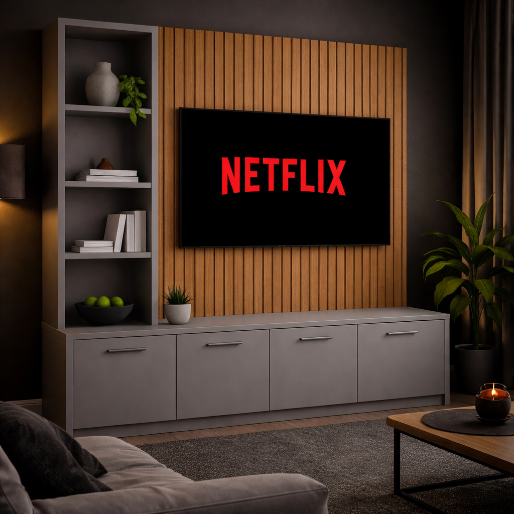 Media Wall Entertainment Smooth Door Base Unit - Left Hand Shelving - For Up to 130" TVs