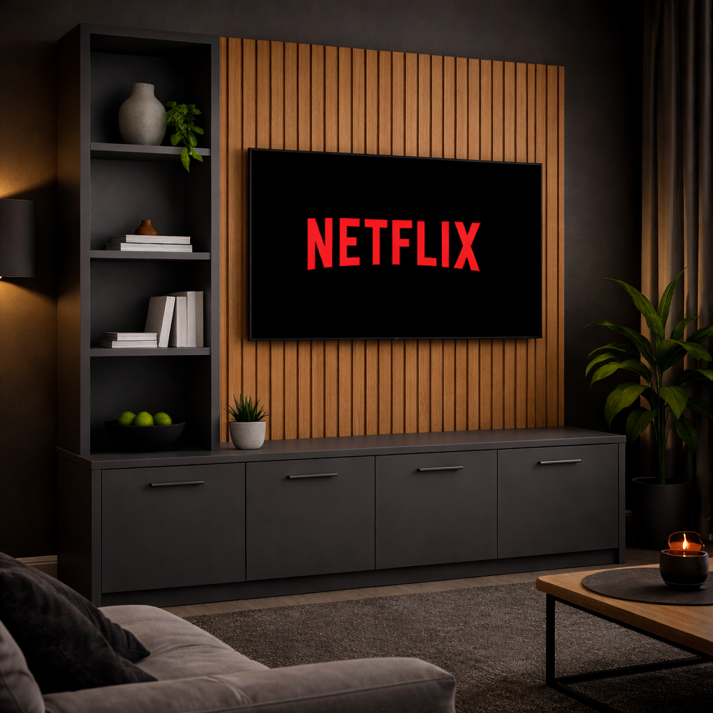 Media Wall Entertainment Smooth Door Base Unit - Left Hand Shelving - For Up to 130" TVs