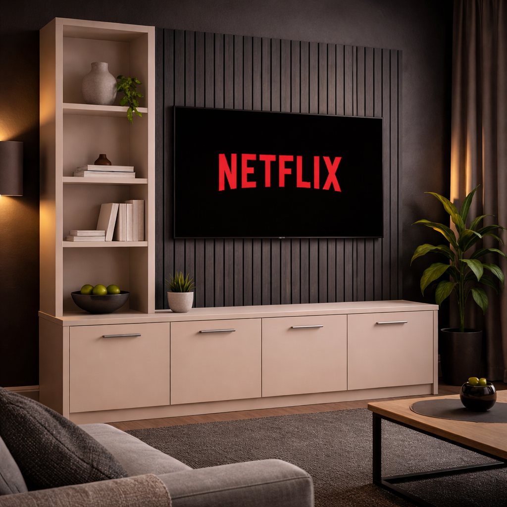 Media Wall Entertainment Smooth Door Base Unit - Left Hand Shelving - For Up to 130" TVs