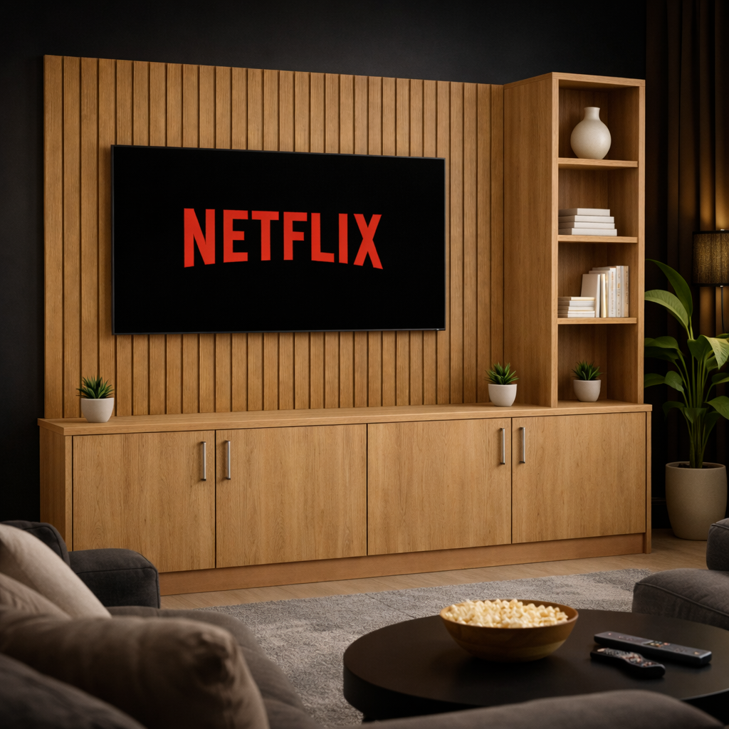 Media Wall Entertainment Smooth Door Base Unit - Right Hand Shelving - For Up to 130" TVs