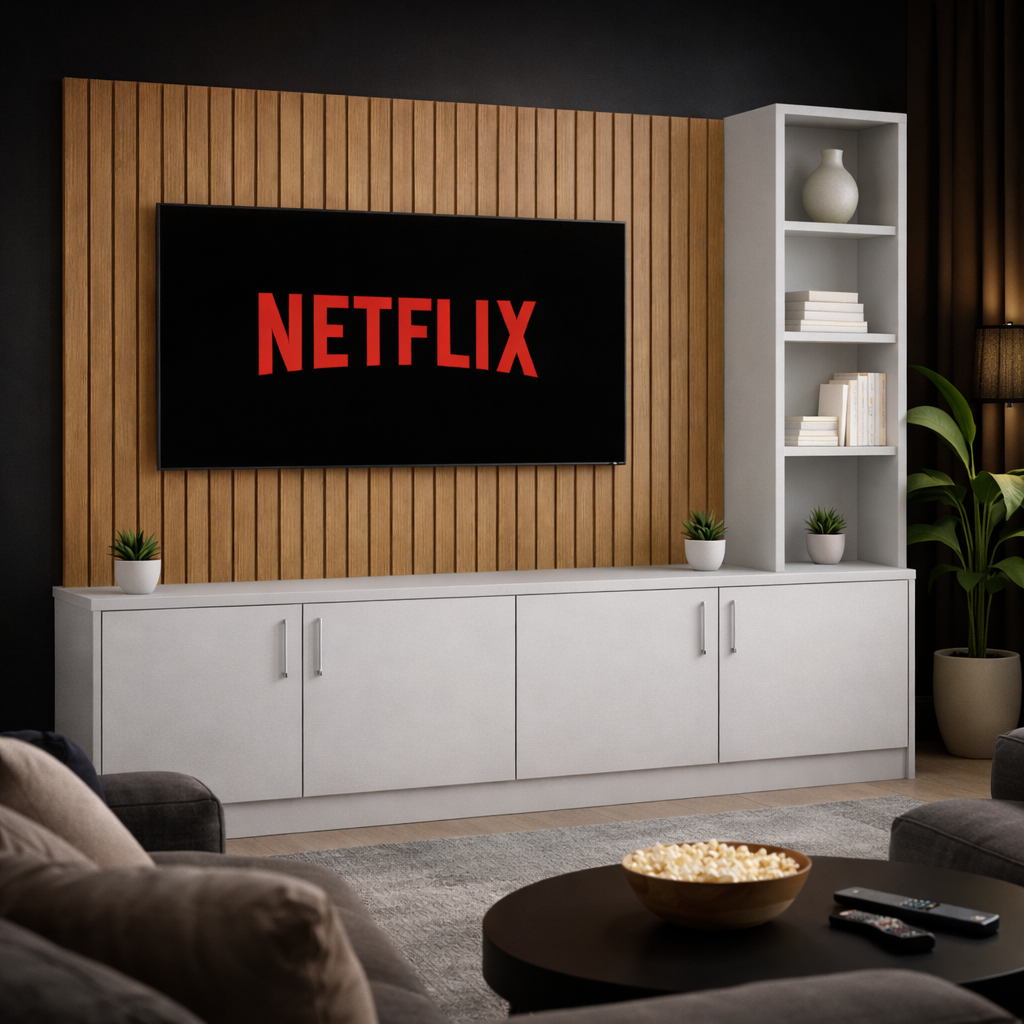 Media Wall Entertainment Smooth Door Base Unit - Right Hand Shelving - For Up to 130" TVs