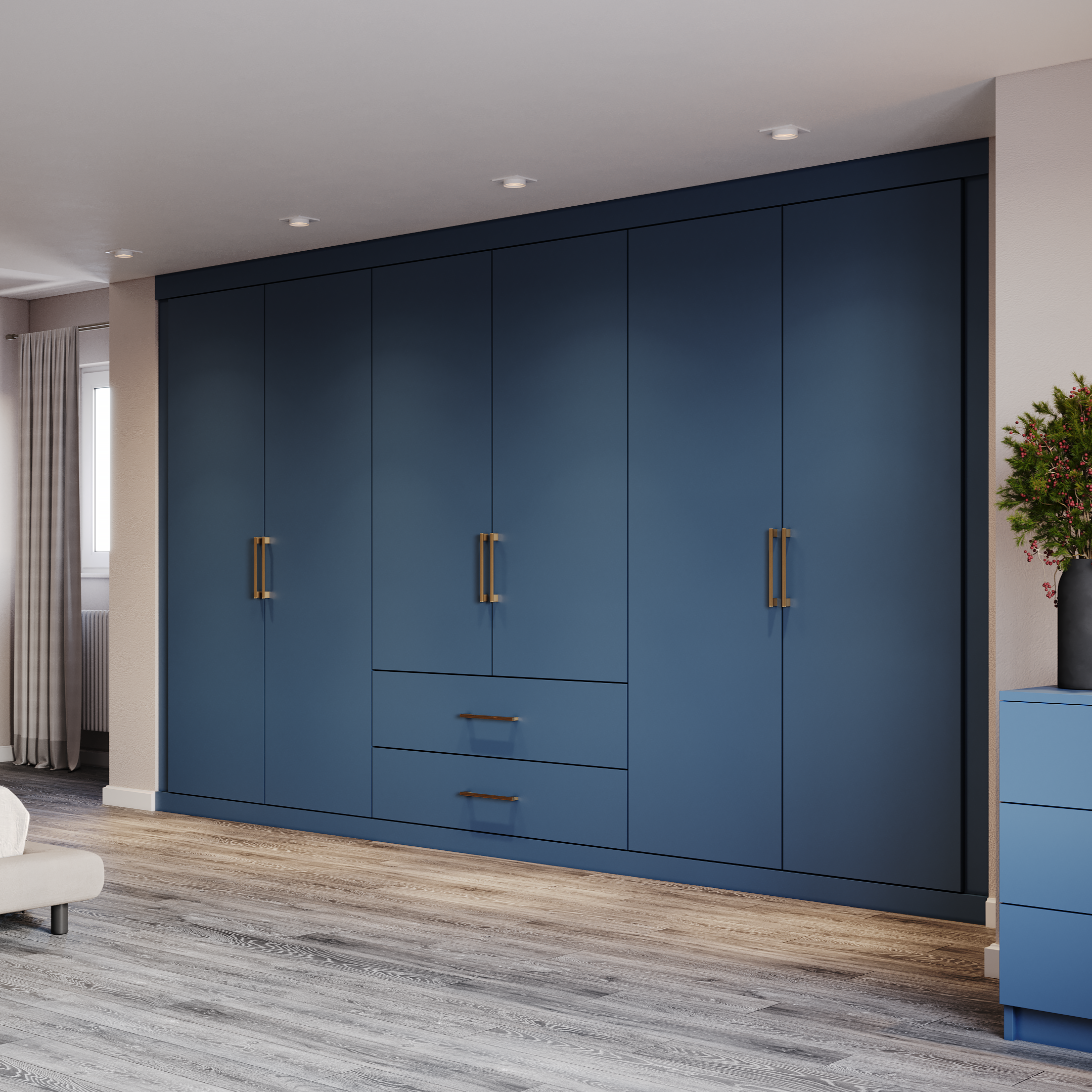 Modern bedroom with blue wardrobe and white bed
