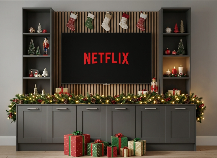 Decorated living room with a TV displaying 'NETFLIX' surrounded by Christmas decorations and presents.