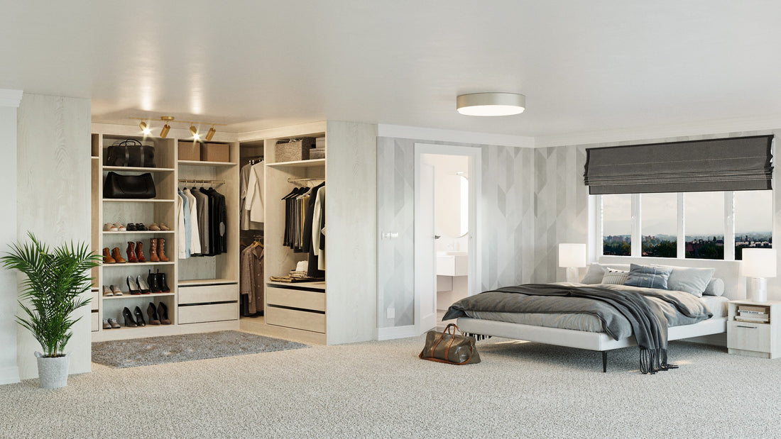 White-pine walk-in wardrobes with hanging and shelving storage