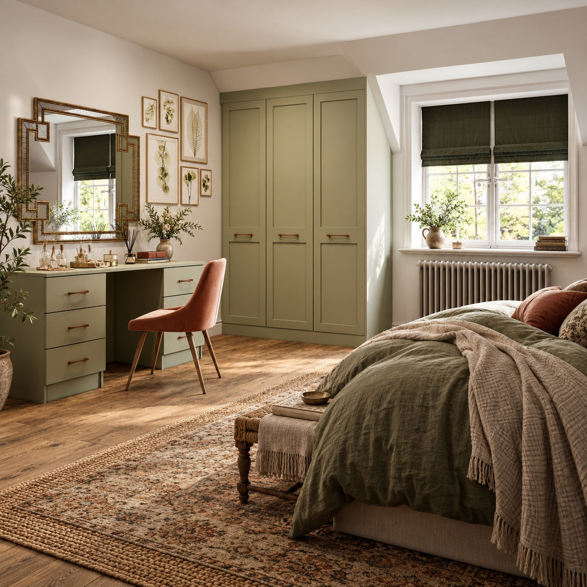 Sage two-panel Shaker wardrobe under a sloping rear ceiling