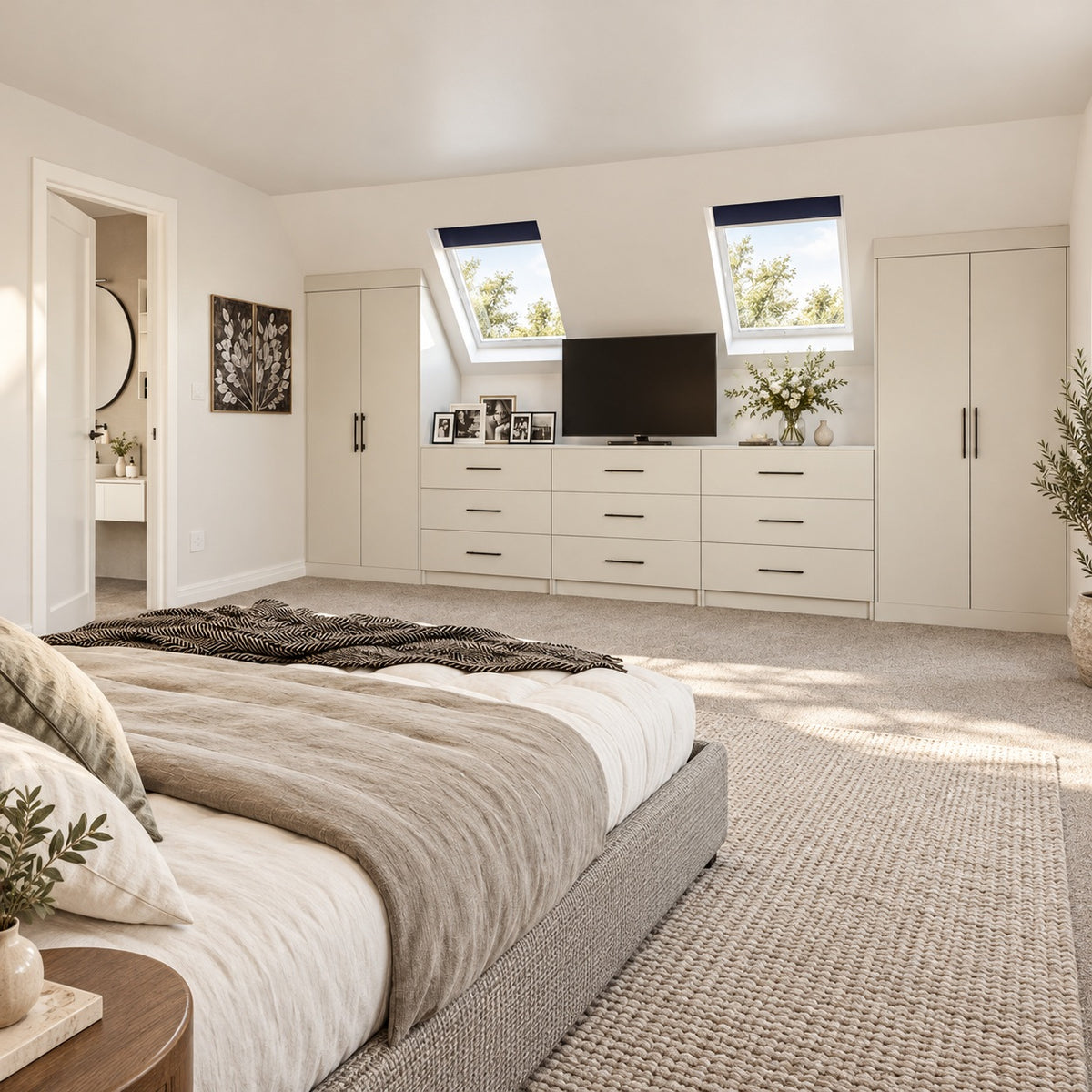 Matt white wardrobes and nine drawers under a sloping ceiling