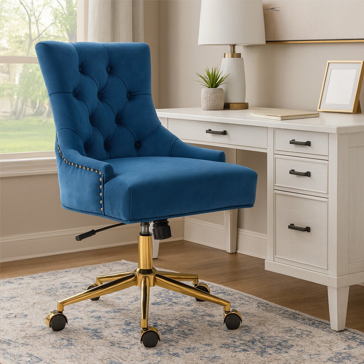 Anita Blue Velvet and Gold Base Home Office Chair 1 - Online Bedrooms