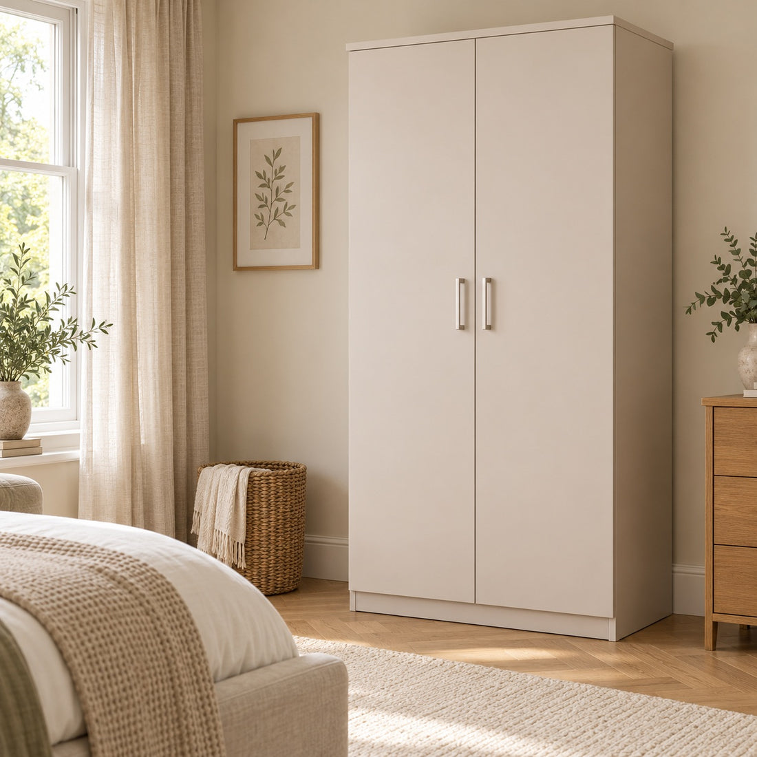 Matt cashmere two-door freestanding wardrobe in a luxurious neutral bedroom