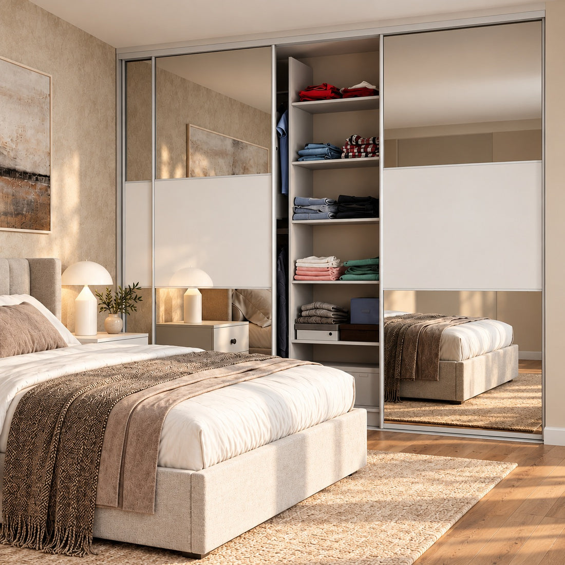 Mirrored sliding wardrobe doors with matt ivory panels in a luxurious neutral bedroom