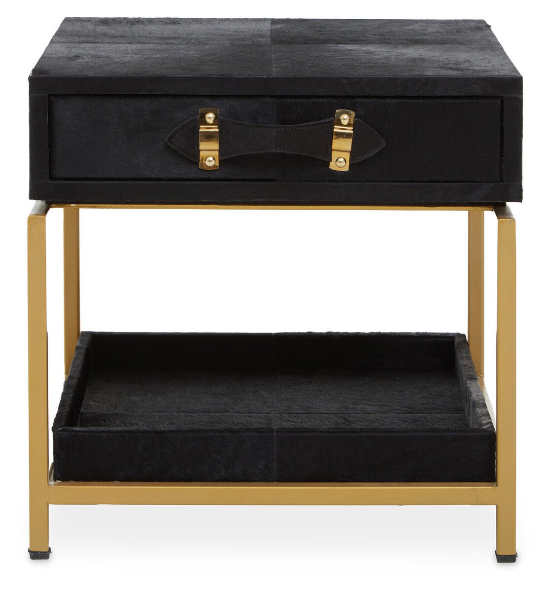 Black Hair - On - Hide Leather Bedside Table with Gold Metal Frame and 1 Drawer, Kensington Townhouse 1 - Online Bedrooms