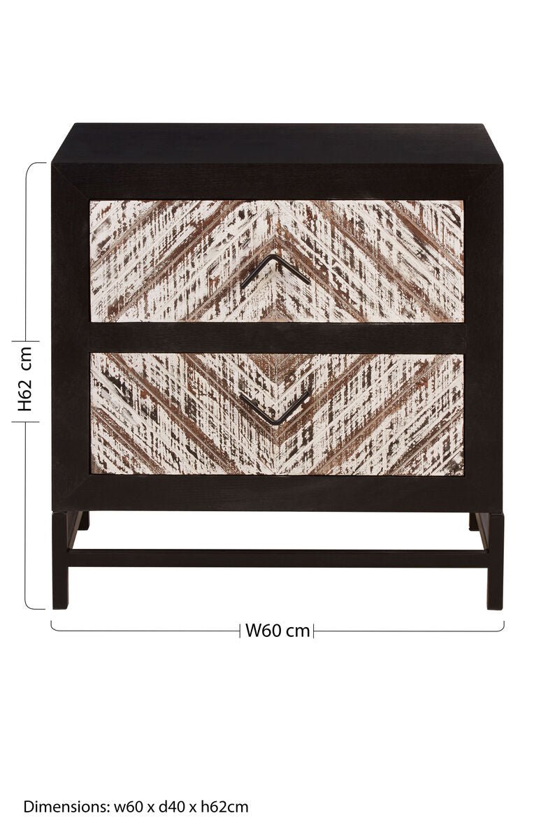 Black Wooden 2 - Drawer Bedside Table with Chevron Pattern Drawer Fronts and Metal Handles, Lombok 10 - Online Bedrooms