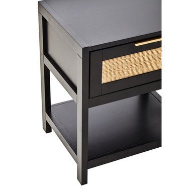 Black Wooden Bedside Table with Natural Rattan 1 Drawer, Sherman 9 - Online Bedrooms