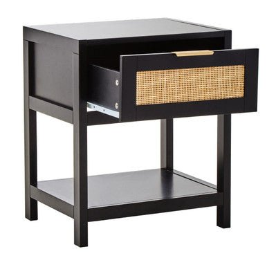 Black Wooden Bedside Table with Natural Rattan 1 Drawer, Sherman 5 - Online Bedrooms
