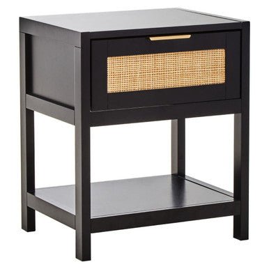 Black Wooden Bedside Table with Natural Rattan 1 Drawer, Sherman 4 - Online Bedrooms
