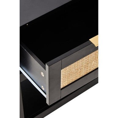 Black Wooden Bedside Table with Natural Rattan 1 Drawer, Sherman 11 - Online Bedrooms