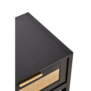 Black Wooden Bedside Table with Natural Rattan 1 Drawer, Sherman 10 - Online Bedrooms