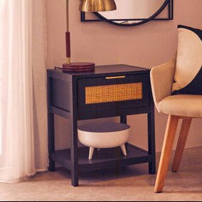 Black Wooden Bedside Table with Natural Rattan 1 Drawer, Sherman 1 - Online Bedrooms