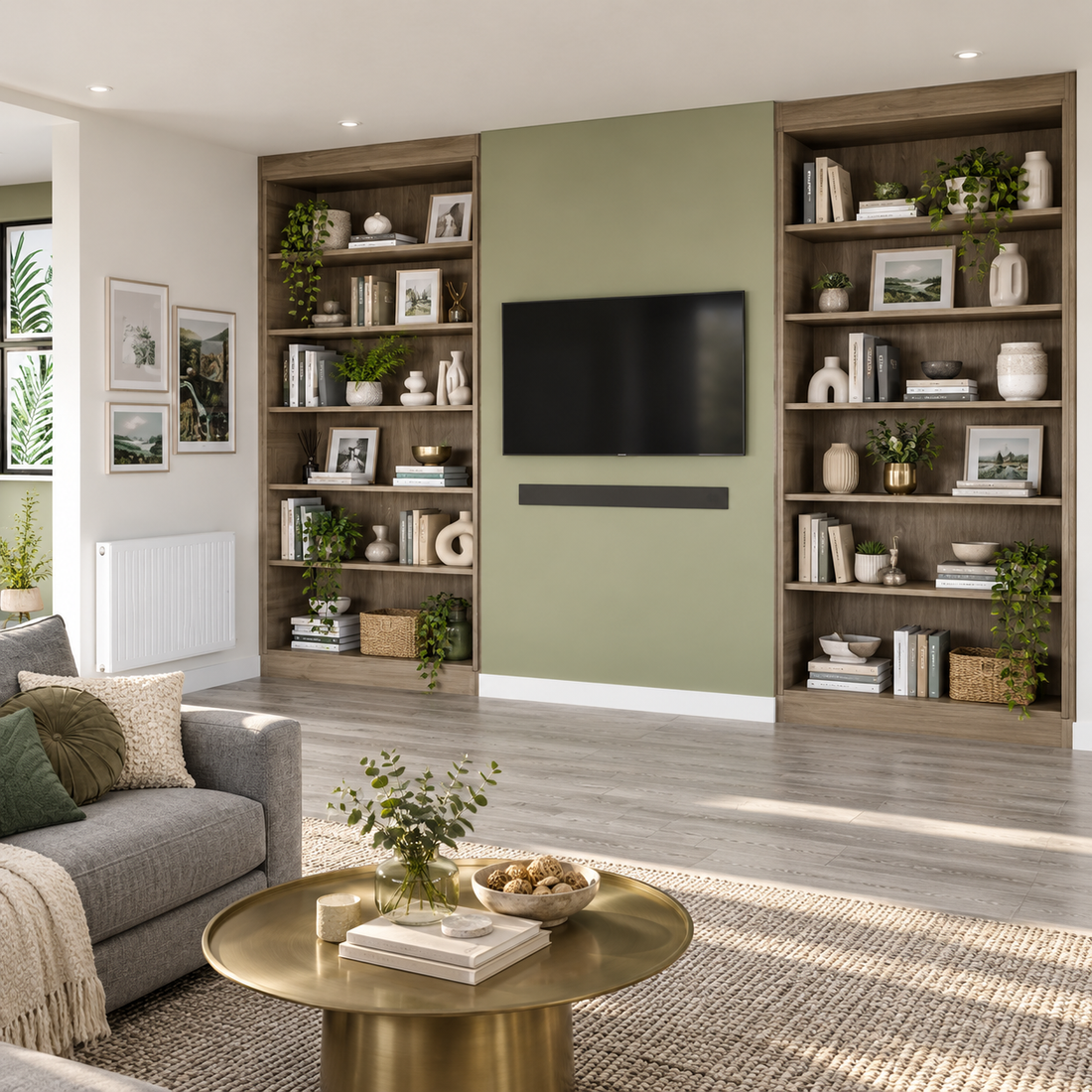 Illustrative modern living room with fitted oak-effect alcove bookcases and a sage-green TV wall