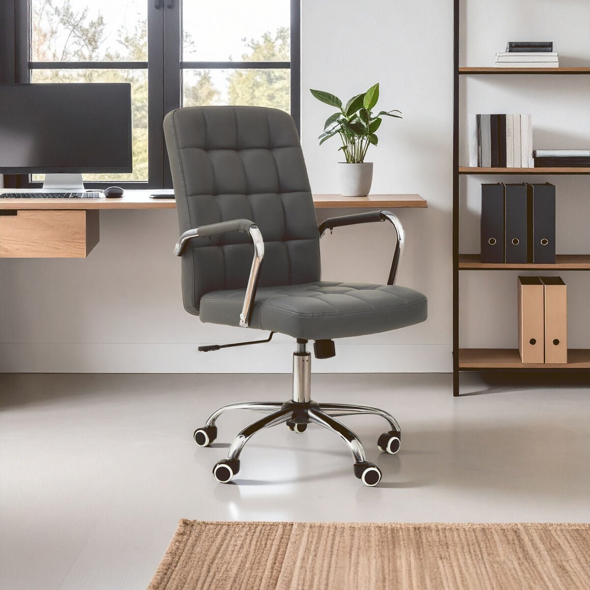 Brent Grey Leather Effect And Chrome Home Office Chair 1 - Online Bedrooms