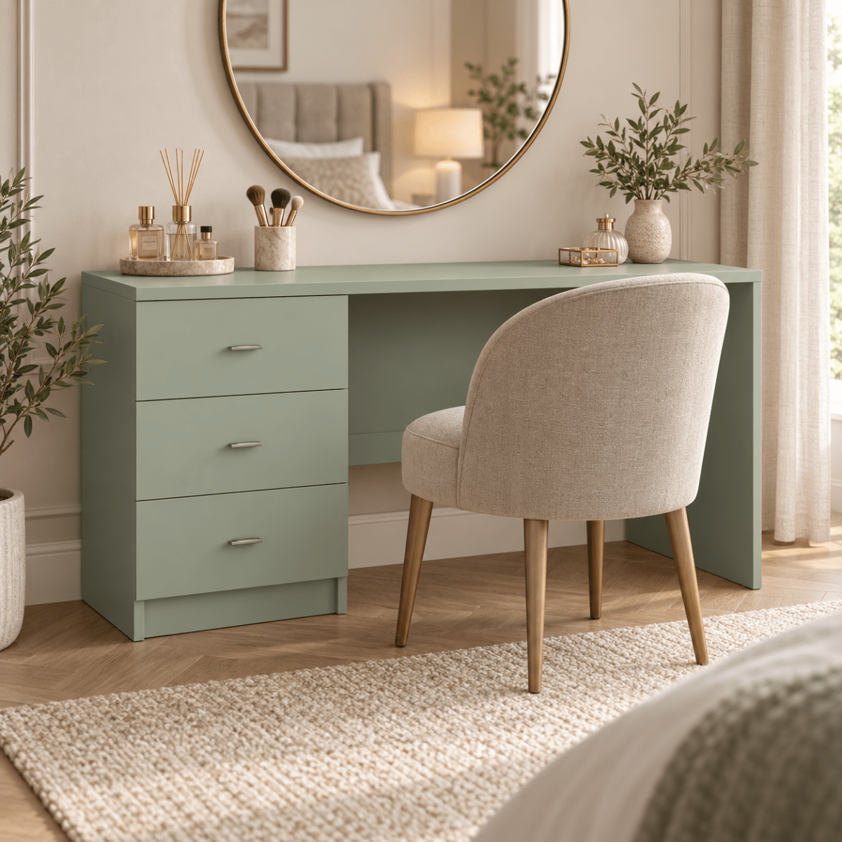Linby 3 Drawer Dressing Table in Sage Green with left-hand drawers