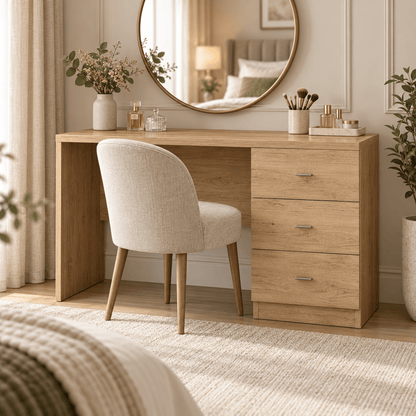Linby 3 Drawer Dressing Table in Natural Nebraska Oak with right-hand drawers