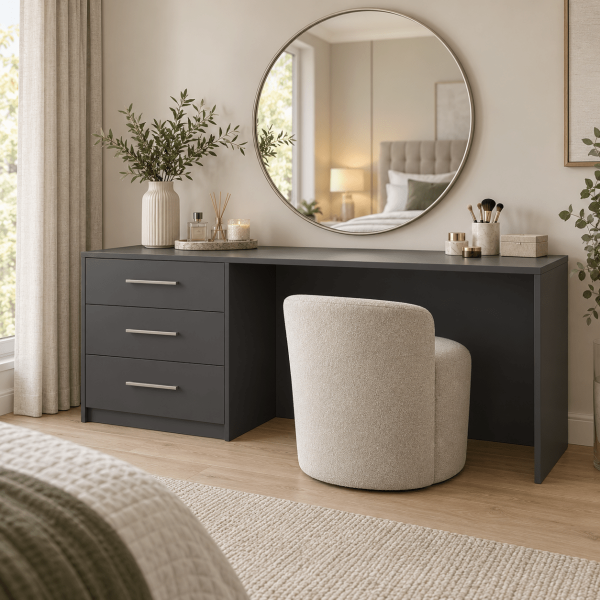 Linby 3 Drawer Dressing Table in Graphite with left-hand drawers