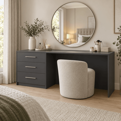 Linby 3 Drawer Dressing Table in Graphite with left-hand drawers