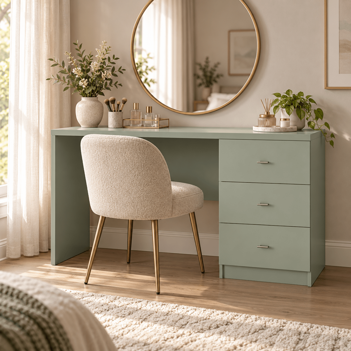 Linby 3 Drawer Dressing Table in Sage Green with right-hand drawers