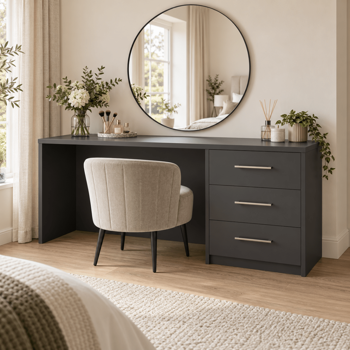 Linby 3 Drawer Dressing Table in Graphite with right-hand drawers