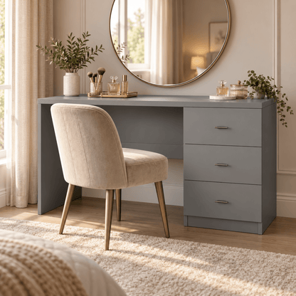 Linby 3 Drawer Dressing Table in Dust Grey with right-hand drawers