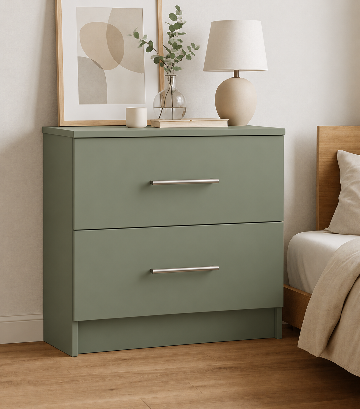 Chest of Drawers - 2 Drawers, Sage Green, full-width overlay drawer fronts