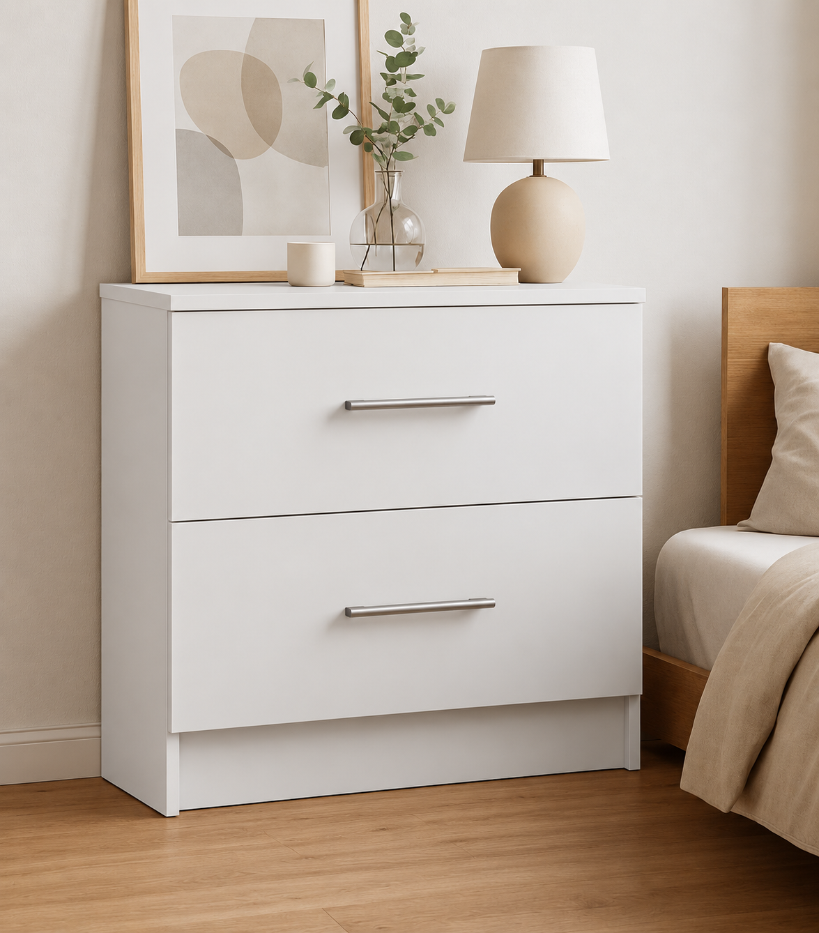 Chest of Drawers - 2 Drawers, White, full-width overlay drawer fronts