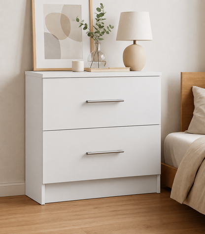 Chest of Drawers - 2 Drawers, White, full-width overlay drawer fronts