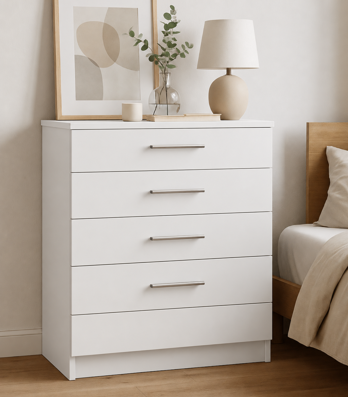 Chest of Drawers - 4 Drawers, White, full-width overlay drawer fronts