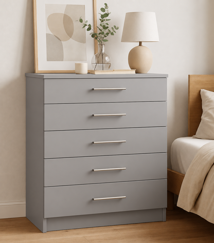 Chest of Drawers - 5 Drawers, Light Grey, full-width overlay drawer fronts