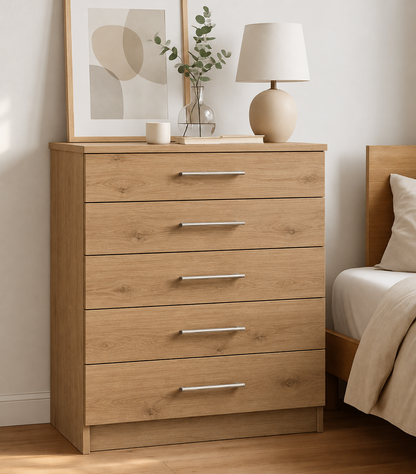 Chest of Drawers - 5 Drawers, Natural Nebraska Oak, full-width overlay drawer fronts